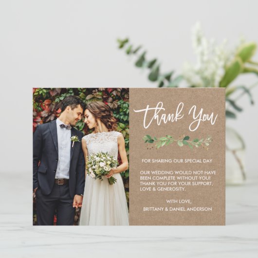 Moderne Eucalyptus Kraft-foto in penseelscript Bedankkaart (Staand voorkant)