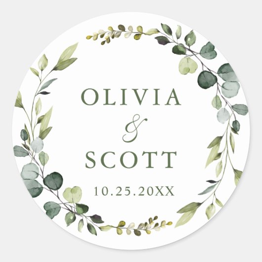 Moderne Eucalyptus Krans Bloem Bruiloft Boho Ronde Sticker (Voorkant)