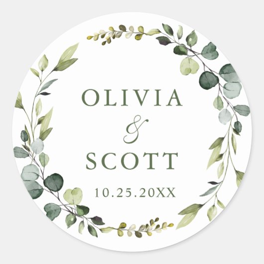 Moderne Eucalyptus Krans Bloemige Trouw Boho Ronde Sticker (Voorkant)