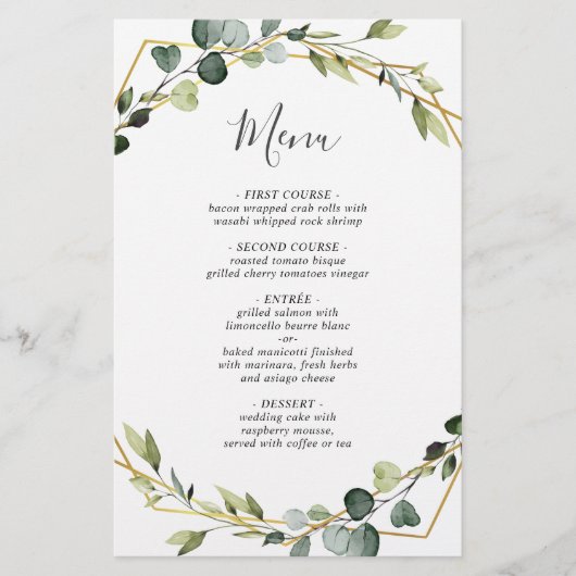 Moderne eucalyptus krans bruiloft Boho diner menu (Voorkant)