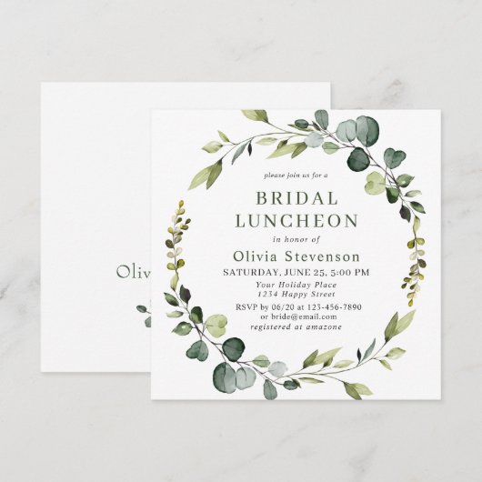 Moderne Eucalyptus Krans Frame BRUILOFTSLUNCH Kaart (Voorkant / Achterkant)