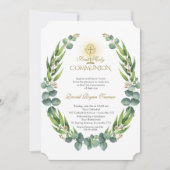 Moderne Eucalyptus Krans Gouden Eerste Heilige Com Kaart (Voorkant)