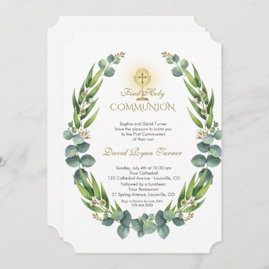 Moderne Eucalyptus Krans Gouden Eerste Heilige Com Kaart (Voorkant / Achterkant)