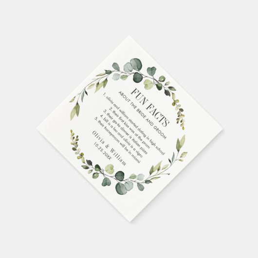 Moderne eucalyptus krans leuke weetjes bruiloft bo servet (Hoek)