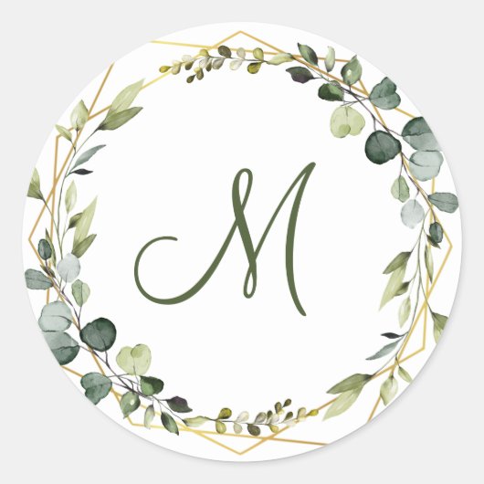 Moderne eucalyptus krans MONOGRAM Boho Ronde Sticker (Voorkant)
