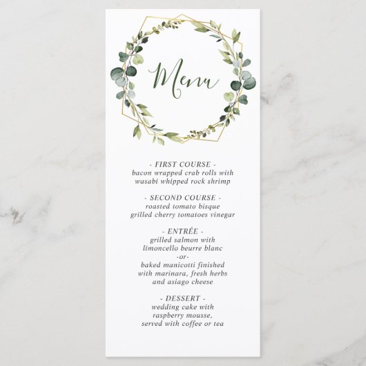 Moderne Eucalyptus Krans Watercolor Bruiloft Menu (Voorkant)