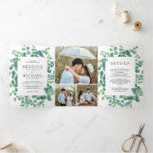 Moderne eucalyptus laat foto collage bruiloft drieluik uitnodiging (Binnen)