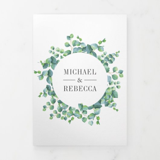 Moderne eucalyptus laat foto collage bruiloft drieluik uitnodiging (Cover)