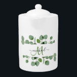 Moderne Eucalyptus laat monogram naam Tea Party Theepot<br><div class="desc">Moderne eucalyptus verlaat Tea Party theepot</div>