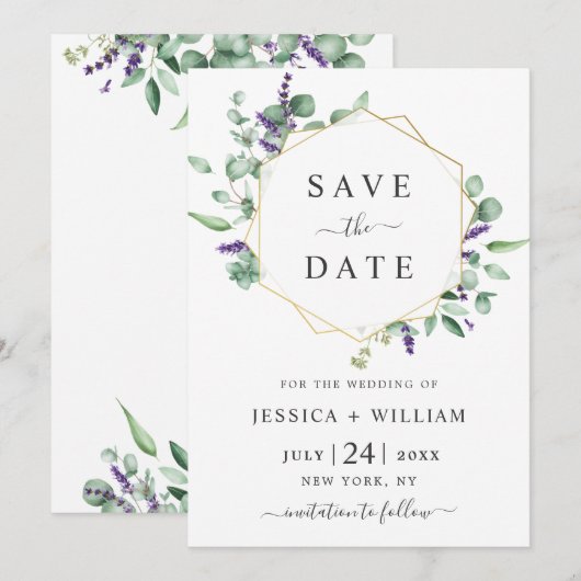 Moderne Eucalyptus Lavendel Geometrische Frame Tro Save The Date (Voorkant / Achterkant)