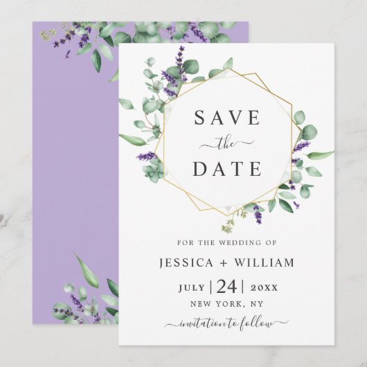 Moderne Eucalyptus Lavendel Geometrische Frame Tro Save The Date (Voorkant / Achterkant)