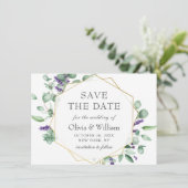 Moderne Eucalyptus Lavender Floral Photo Wedding Save The Date (Staand voorkant)
