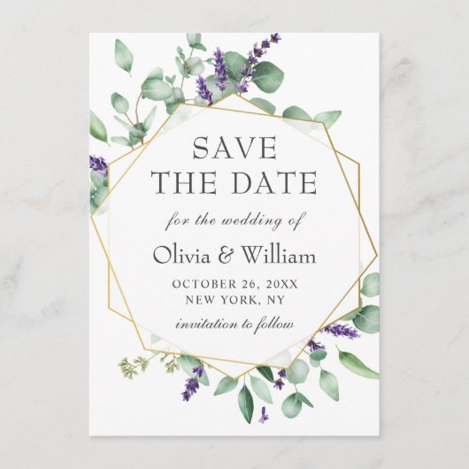 Moderne Eucalyptus Lavender Floral Photo Wedding Save The Date (Voorkant)