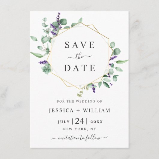 Moderne Eucalyptus Lavender Foliage PHOTO Weddensc Save The Date (Voorkant)