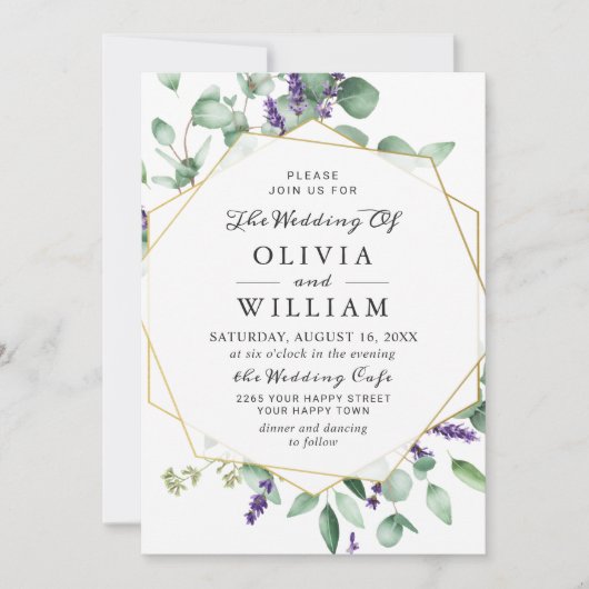 Moderne Eucalyptus Lavender Geometric Lijst Weddin Kaart (Voorkant)