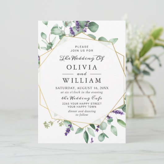 Moderne Eucalyptus Lavender Geometric Lijst Weddin Kaart (Staand voorkant)