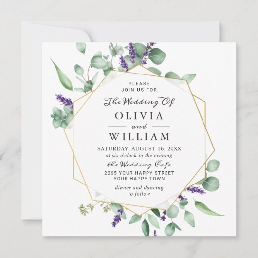 Moderne Eucalyptus Lavender Geometric Lijst Weddin Kaart (Voorkant)
