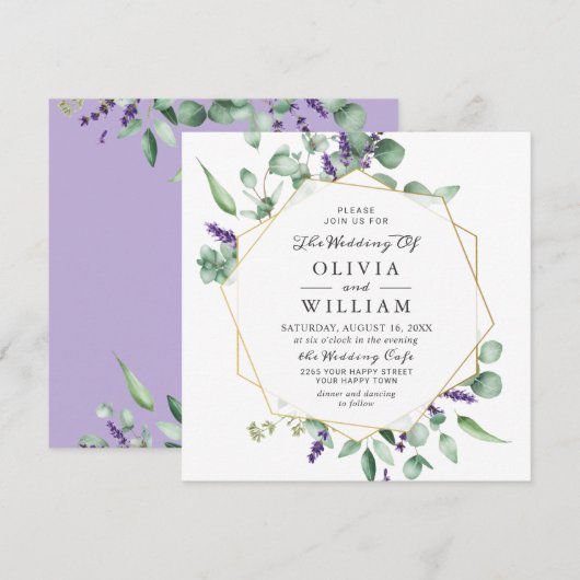Moderne Eucalyptus Lavender Geometric Lijst Weddin Kaart (Voorkant / Achterkant)
