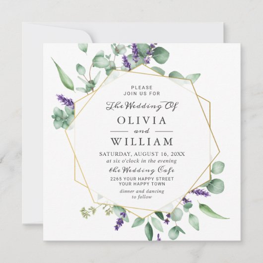Moderne Eucalyptus Lavender Geometric Lijst Weddin Kaart (Voorkant)