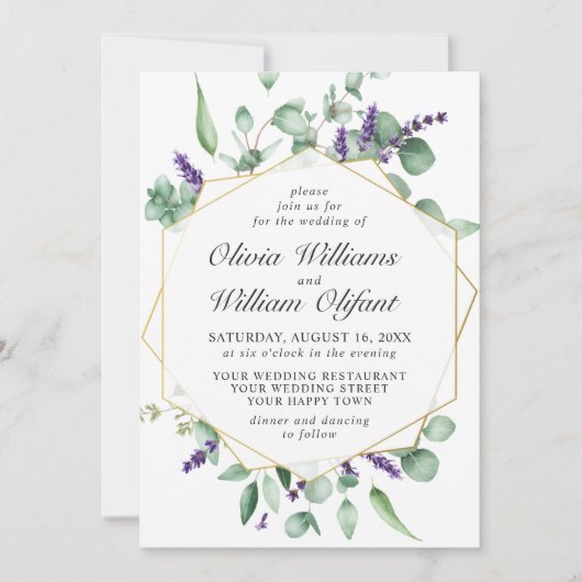 Moderne Eucalyptus Lavender Geometric Lijst Weddin Kaart (Voorkant)
