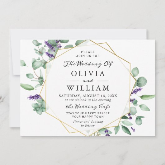 Moderne Eucalyptus Lavender Geometric Lijst Weddin Kaart (Voorkant)