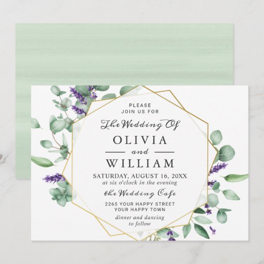 Moderne Eucalyptus Lavender Geometric Lijst Weddin Kaart (Voorkant / Achterkant)