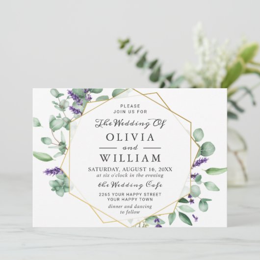 Moderne Eucalyptus Lavender Geometric Lijst Weddin Kaart (Staand voorkant)