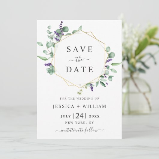 Moderne Eucalyptus Lavender Geometric Lijst Weddin Save The Date (Staand voorkant)