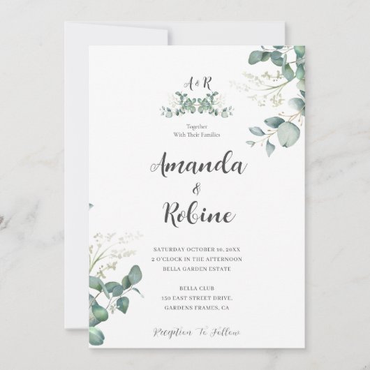 Moderne Eucalyptus Leaf Huwelijksuitnodiging Kaart (Voorkant)