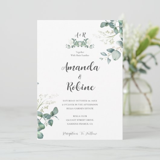 Moderne Eucalyptus Leaf Huwelijksuitnodiging Kaart (Staand voorkant)