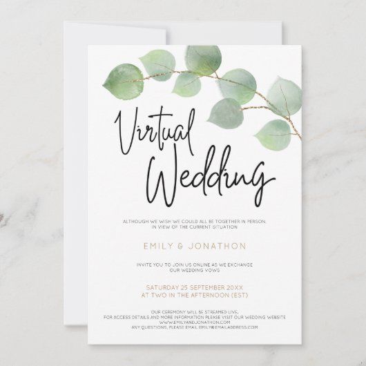 Moderne Eucalyptus Leaf Script Virtuele bruiloft Kaart (Voorkant)