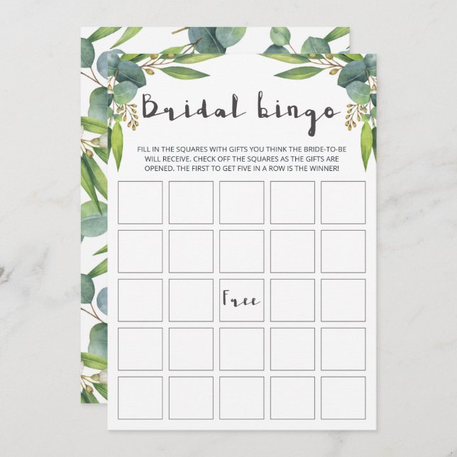 Moderne eucalyptus leest Bridal Bingo-kaarten (Voorkant / Achterkant)