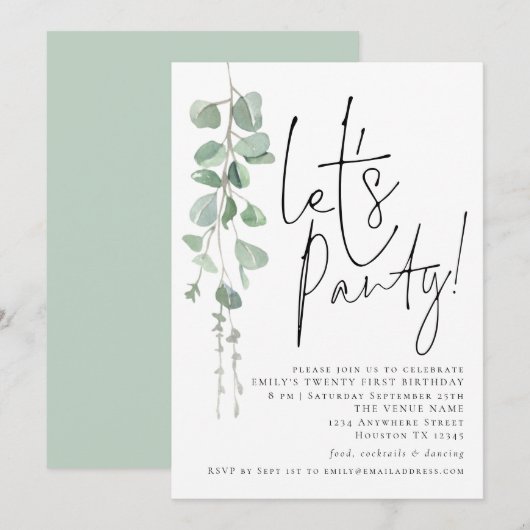Moderne Eucalyptus Lets Party 21st Birthday Kaart (Voorkant / Achterkant)