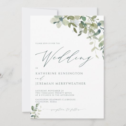 Moderne Eucalyptus Minimalist Script Weddenschap Kaart (Voorkant)