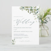 Moderne Eucalyptus Minimalist Script Weddenschap Kaart (Staand voorkant)