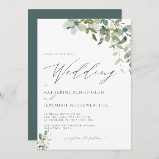 Moderne Eucalyptus Minimalist Script Weddenschap Kaart (Voorkant / Achterkant)