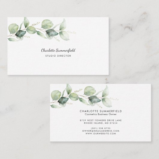 Moderne Eucalyptus Minimalistische Elegante Script Visitekaartje (Voorkant / Achterkant)