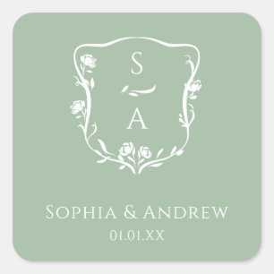 Moderne Eucalyptus Monogram Bloemkam Huwelijk Vierkante Sticker