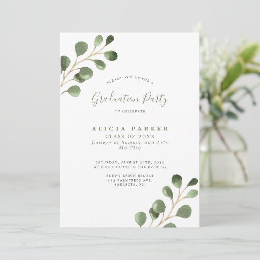 Moderne eucalyptus multi foto afstudeerfeest kaart (Staand voorkant)