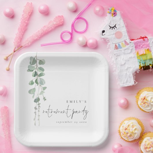 Moderne Eucalyptus Name Retirement Party Papieren Bordje (Feest)