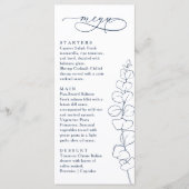 Moderne Eucalyptus Navy Blauwe & Witte Trouwdiner Menu (Voorkant)