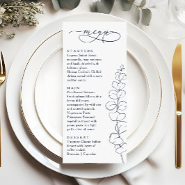 Moderne Eucalyptus Navy Blauwe & Witte Trouwdiner Menu