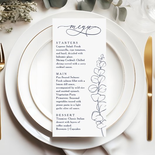 Moderne Eucalyptus Navy Blauwe & Witte Trouwdiner Menu