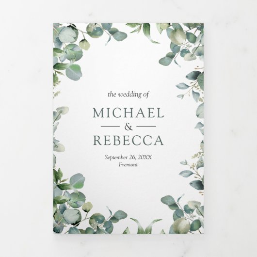 Moderne Eucalyptus Photo Collage QR Code Weddensch Drieluik Uitnodiging (Cover)