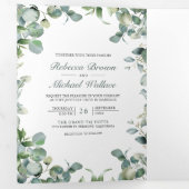 Moderne Eucalyptus Photo Collage QR Code Weddensch Drieluik Uitnodiging (Binnenzijde eerst)