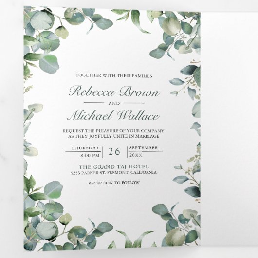 Moderne Eucalyptus Photo Collage QR Code Weddensch Drieluik Uitnodiging (Binnenzijde eerst)