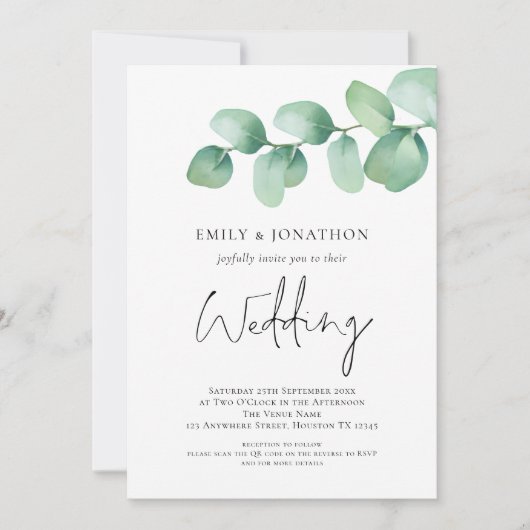 Moderne Eucalyptus QR-code bruiloft Kaart (Voorkant)