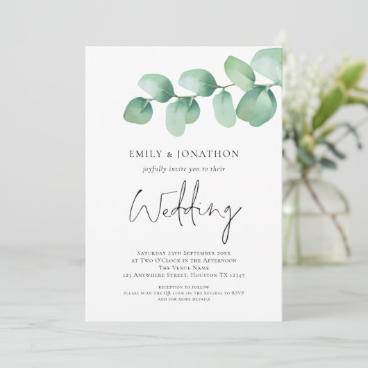 Moderne Eucalyptus QR-code bruiloft Kaart (Staand voorkant)
