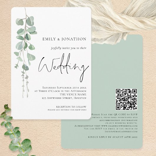 Moderne Eucalyptus QR-code bruiloft Kaart