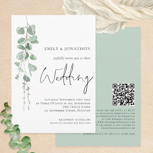 Moderne Eucalyptus QR-code bruiloft Kaart
